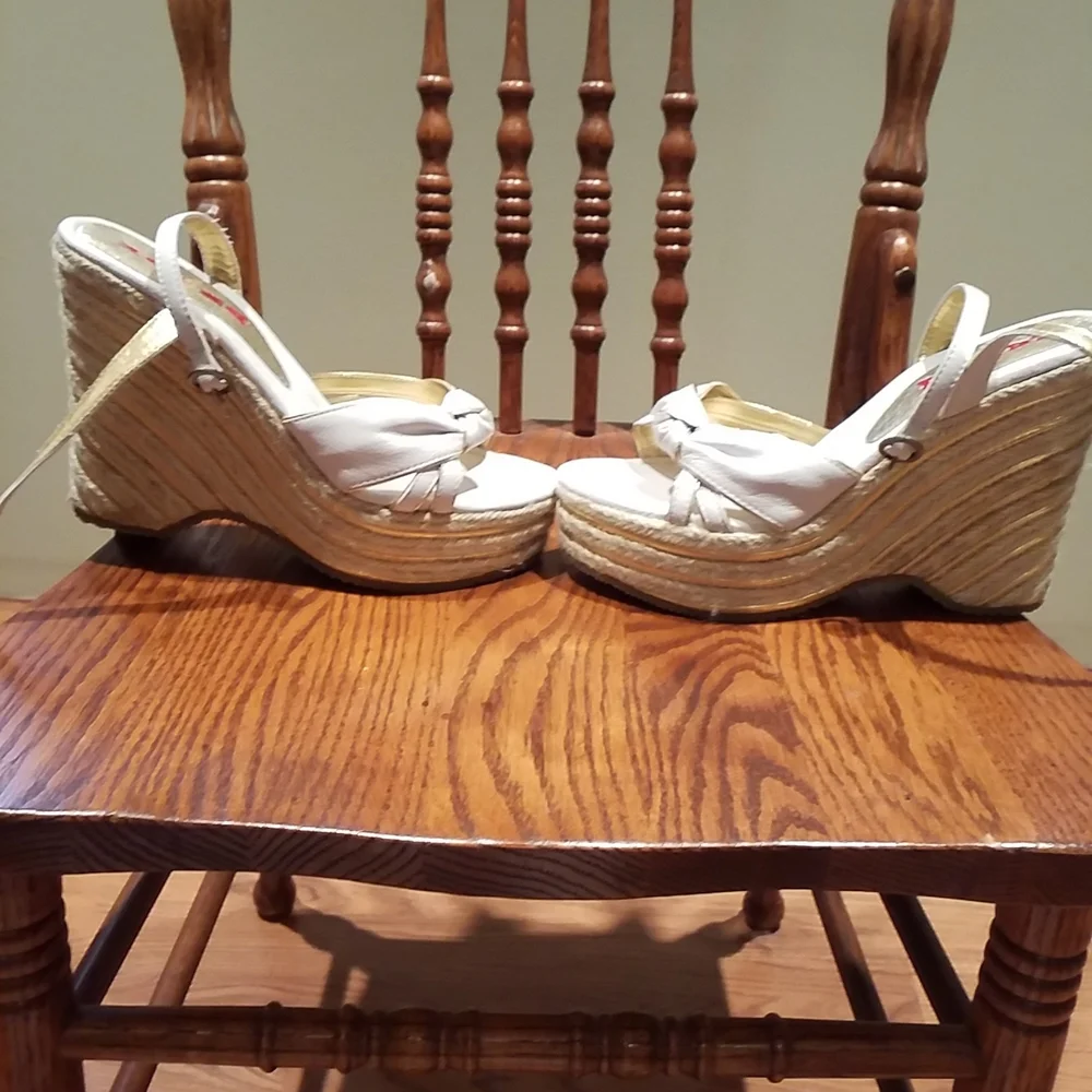 Nana White And Gold Wedge Heel Sandal With Wrap Around Ankle Strap 7